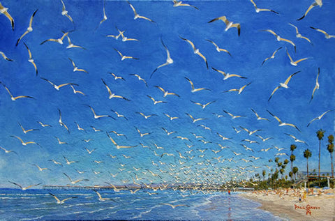 Gulls Interrupted: A Child Scatters Seagulls on the Beach - Original